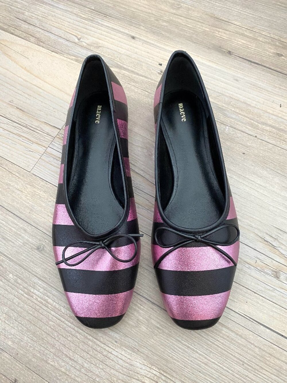 Maeve Metallic Pink and Black Striped Flats - Size 6